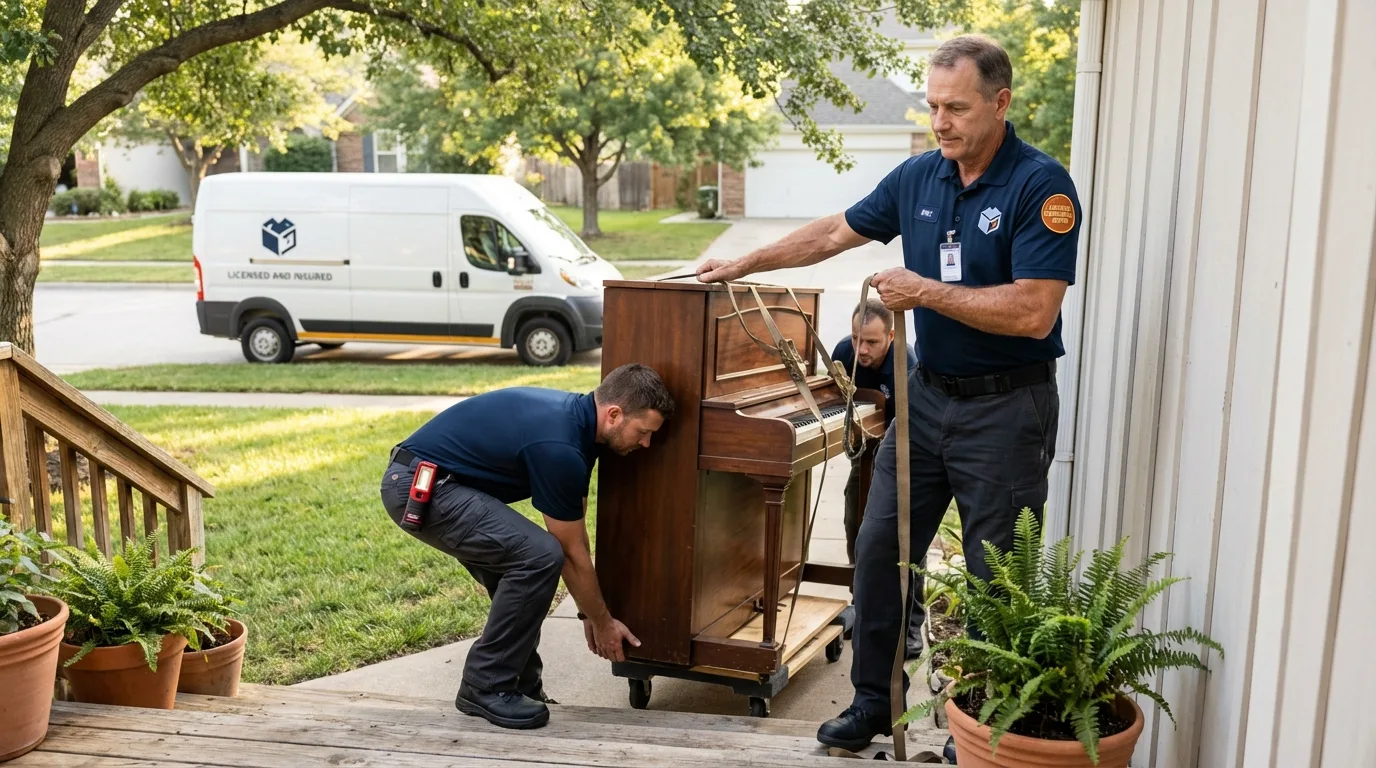 Licensed piano movers securing grand piano in Clearwater, FL