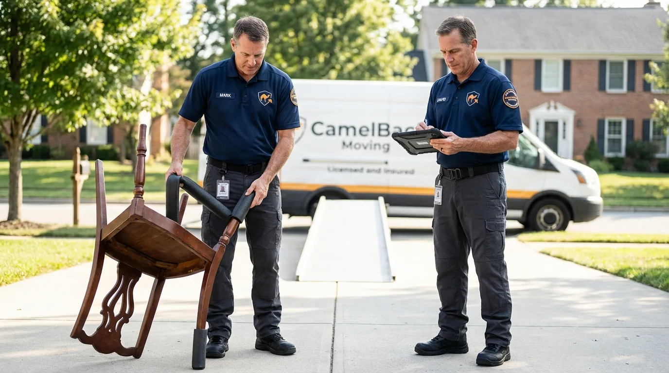 Movers inspecting furniture for damage prevention before loading in Clearwater, FL